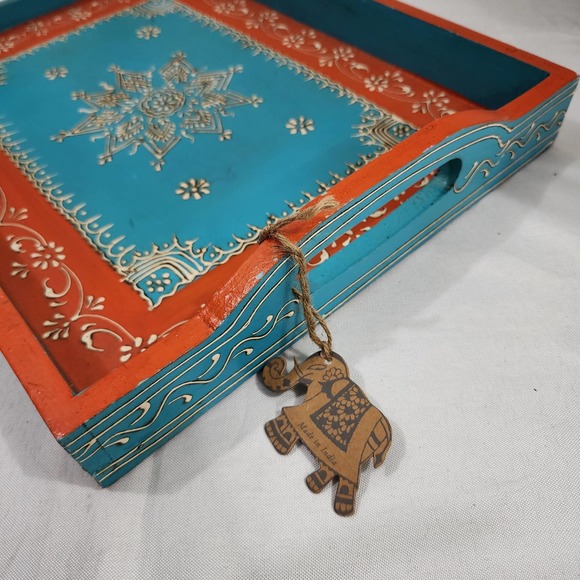 Meenakari Art Handmade Wooden Serving Tray Made in India Handle 16x12x1.75 Inch - Picture 6 of 14